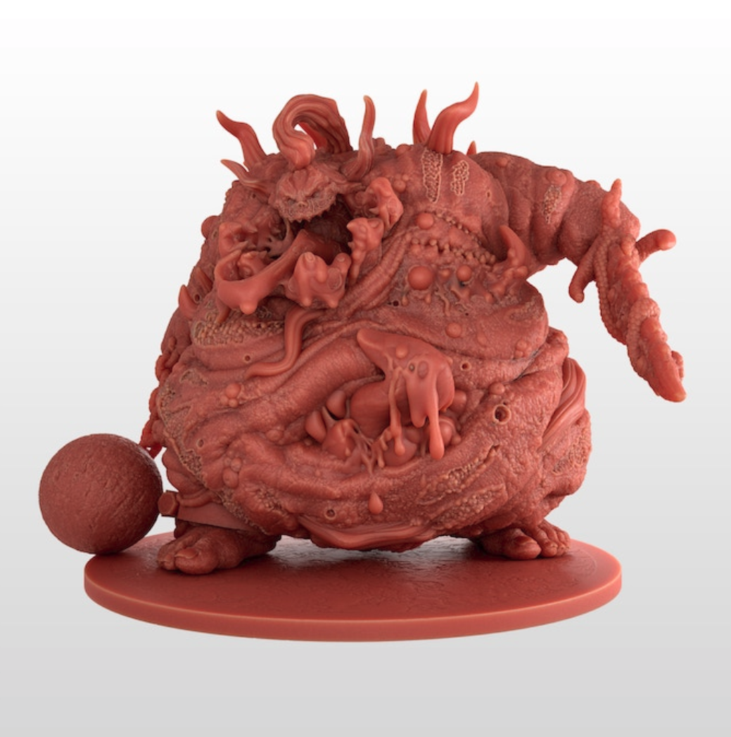 Miniatur großer schleimig klobiger Dämon mit schwerer Kugel an einer Kette und Mutiertem Arm als Klinge