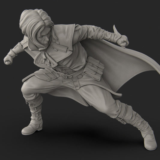 Halfling Rogue Miniatur in dynamischer Kampfpose