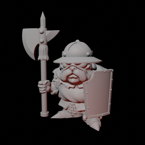 Miniatur Pug Town Guard mit Hellebarde und Schild, grimmig schauend