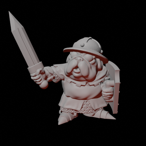 Miniatur Pug Town Guard mit Schwert und Schild, auffordernde Pose